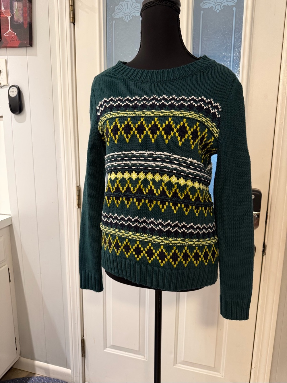 Talbots Teal Fair Isle Knit Sweater with Yellow & White Accents